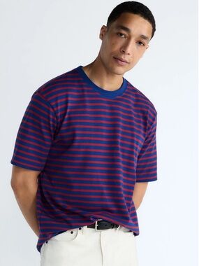 Men's Navy and Red Striped Short Sleeve Tee